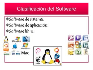 Clasificación del Software 
Software de sistema. 
Software de aplicación. 
Software libre. 
 