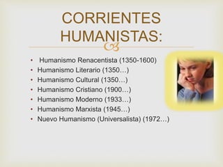 
• Humanismo Renacentista (1350-1600)
• Humanismo Literario (1350…)
• Humanismo Cultural (1350…)
• Humanismo Cristiano (1900…)
• Humanismo Moderno (1933…)
• Humanismo Marxista (1945…)
• Nuevo Humanismo (Universalista) (1972…)
CORRIENTES
HUMANISTAS:
 