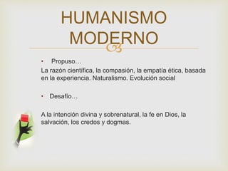 
• Propuso…
La razón científica, la compasión, la empatía ética, basada
en la experiencia. Naturalismo. Evolución social
• Desafío…
A la intención divina y sobrenatural, la fe en Dios, la
salvación, los credos y dogmas.
HUMANISMO
MODERNO
 