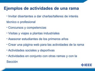 • Invitar disertantes a dar charlas/talleres de interés
técnico o profesional
• Concursos y competencias
• Visitas y viajes a plantas industriales
• Asesorar estudiantes de los primeros años
• Crear una página web para las actividades de la rama
• Actividades sociales y deportivas
• Actividades en conjunto con otras ramas y con la
Sección
Ejemplos de actividades de una rama
 