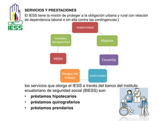 SERVICIOS Y PRESTACIONES 
El IESS tiene la misión de proteger a la obligación urbana y rural con relación 
de dependencia laboral o sin ella contra las contingencias:} 
maternidad 
Muerte 
Cesantía 
enfermedad 
Invalidez, 
discapacidad 
vejez 
Riesgos del 
trabajo 
los servicios que otorga el IESS a través del banco del instituto 
ecuatoriano de seguridad social (BIESS) son: 
• préstamos hipotecarios 
• préstamos quirografarios 
• préstamos prendarios 
 
