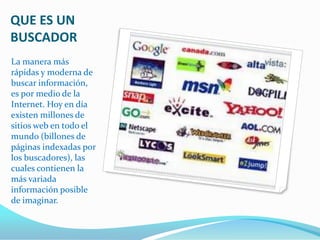 QUE ES UN
BUSCADOR
La manera más
rápidas y moderna de
buscar información,
es por medio de la
Internet. Hoy en día
existen millones de
sitios web en todo el
mundo (billones de
páginas indexadas por
los buscadores), las
cuales contienen la
más variada
información posible
de imaginar.
 