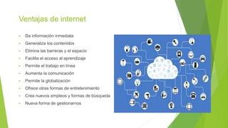 Ventajas de internet
 Da información inmediata
 Generaliza los contenidos
 Elimina las barreras y el espacio
 Facilita el acceso al aprendizaje
 Permite el trabajo en línea
 Aumenta la comunicación
 Permite la globalización
 Ofrece otras formas de entretenimiento
 Crea nuevos empleos y formas de búsqueda
 Nueva forma de gestionarnos
 
