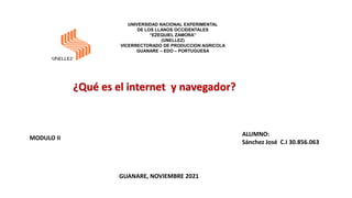 UNIVERSIDAD NACIONAL EXPERIMENTAL
DE LOS LLANOS OCCIDENTALES
“EZEQUIEL ZAMORA”
(UNELLEZ)
VICERRECTORADO DE PRODUCCION AGRICOLA
GUANARE – EDO – PORTUGUESA
¿Qué es el internet y navegador?
ALUMNO:
Sánchez José C.I 30.856.063
MODULO II
GUANARE, NOVIEMBRE 2021
 