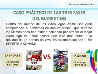 Mercadotecnia Electrónica

Dentro del mundo de los videojuegos existe una gran
competencia si hablamos de dos empresas que durante
los últimos años han estado peleando por ofrecer el mejor
videojuego de futbol soccer que esté mas cerca a la
realidad de un partido en vivo. Estas empresas son : EA
SPORTS y KONAMI

EA SPORTS
Videojuego:
FIFA 2011

VS

: KONAMI
Videojuego:
PES 2011

 