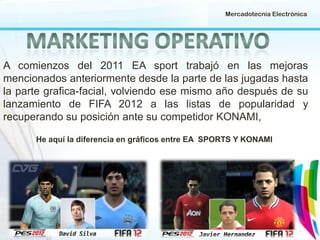 Mercadotecnia Electrónica

A comienzos del 2011 EA sport trabajó en las mejoras
mencionados anteriormente desde la parte de las jugadas hasta
la parte grafica-facial, volviendo ese mismo año después de su
lanzamiento de FIFA 2012 a las listas de popularidad y
recuperando su posición ante su competidor KONAMI,
He aquí la diferencia en gráficos entre EA SPORTS Y KONAMI

 