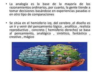 • La analogía es la base de la mayoría de los
razonamientos ordinarios, por cuanto, la gente tiende a
tomar decisiones basándose en experiencias pasadas o
en otro tipo de comparaciones
• Se sitúa en el hemisferio izq. del cerebro ,el diseño es
un ir y venir del pensamiento lógico , analítico , realista
reproductivo , concreto ( hemisferio derecho) se basa
al pensamiento, analógico , sintético, fantástico ,
creativo , mágico
 