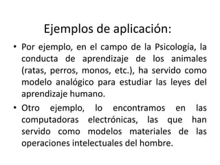 Ejemplos de aplicación:
• Por ejemplo, en el campo de la Psicología, la
conducta de aprendizaje de los animales
(ratas, perros, monos, etc.), ha servido como
modelo analógico para estudiar las leyes del
aprendizaje humano.
• Otro ejemplo, lo encontramos en las
computadoras electrónicas, las que han
servido como modelos materiales de las
operaciones intelectuales del hombre.
 