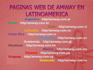 Argentina. http//amway.com.ar
Brasil. http//amway.com.br
Chile. http//amway.com.cl
Colombia. http//amway.com.co
Costa Rica. http//amway.com.cr
El Salvador. http//amway.com.sv
Guatemala. http//amway.com.gt
Honduras. http//amway.com.hn
México. http//amway.com.mx
Panamá. http//amway.com.pa
Uruguay. http//amway.com.uy
Venezuela. http//amway.com.ve
 