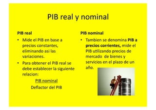 PIB	
  real	
  y	
  nominal	
  
PIB	
  real	
                                       PIB	
  nominal	
  
•  Mide	
  el	
  PIB	
  en	
  base	
  a	
           •  Tambien	
  se	
  denomina	
  PIB	
  a	
  
   precios	
  constantes,	
                            precios	
  corrientes,	
  mide	
  el	
  
   eliminando	
  asi	
  las	
                          PIB	
  uFlizando	
  precios	
  de	
  
   variaciones.	
                                      mercado	
  	
  de	
  bienes	
  y	
  
•  Para	
  obtener	
  el	
  PIB	
  real	
  se	
        servicios	
  en	
  el	
  plazo	
  de	
  un	
  
   debe	
  establecer	
  la	
  siguiente	
             año.	
  	
  
   relacion:	
  
            PIB	
  nominal	
  
        Deﬂactor	
  del	
  PIB	
  
 