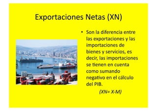 Exportaciones	
  Netas	
  (XN)	
  
                 •  Son	
  la	
  diferencia	
  entre	
  
                    las	
  exportaciones	
  y	
  las	
  
                    importaciones	
  de	
  
                    bienes	
  y	
  servicios,	
  es	
  
                    decir,	
  las	
  importaciones	
  
                    se	
  Fenen	
  en	
  cuenta	
  
                    como	
  sumando	
  
                    negaFvo	
  en	
  el	
  cálculo	
  
                    del	
  PIB.	
  
                              (XN=	
  X-­‐M)	
  
 