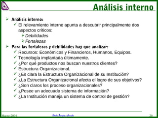 Estudio Barragán y AsociadosMarzo-2004 20
Análisis interno
 Análisis interno:
 El relevamiento interno apunta a descubrir principalmente dos
aspectos críticos:
Debilidades
Fortalezas
 Para las fortalezas y debilidades hay que analizar:
 Recursos: Económicos y Financieros, Humanos, Equipos.
 Tecnología implantada últimamente.
 ¿Por qué productos nos buscan nuestros clientes?
 Estructura Organizacional.
 ¿Es clara la Estructura Organizacional de su Institución?
 ¿La Estructura Organizacional afecta el logro de sus objetivos?
 ¿Son claros los proceso organizacionales?
 ¿Posee un adecuado sistema de información?
 ¿La Institución maneja un sistema de control de gestión?
 