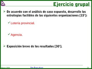 Estudio Barragán y AsociadosMarzo-2004 29
Ejercicio grupal
 De acuerdo con el análisis de caso expuesto, desarrolle las
estrategias factibles de las siguientes organizaciones [15’]:
Lotería provincial.
Agencia.
 Exposición breve de los resultados [30’].
 