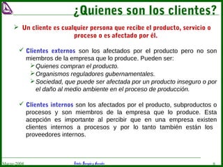 Estudio Barragán y AsociadosMarzo-2004 6
¿Quienes son los clientes?
 Un cliente es cualquier persona que recibe el producto, servicio o
proceso o es afectado por él.
 Clientes externos son los afectados por el producto pero no son
miembros de la empresa que lo produce. Pueden ser:
Quienes compran el producto.
Organismos reguladores gubernamentales.
Sociedad, que puede ser afectada por un producto inseguro o por
el daño al medio ambiente en el proceso de producción.
 Clientes internos son los afectados por el producto, subproductos o
procesos y son miembros de la empresa que lo produce. Esta
acepción es importante al percibir que en una empresa existen
clientes internos a procesos y por lo tanto también están los
proveedores internos.
 