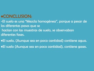 •CONCLUSION:
-El suelo es una “Mezcla homogénea”, porque a pesar de
los diferentes pasos que se
 hacían con las muestras de suelo, se observaban
diferentes fases.
•El suelo, (Aunque sea en poca cantidad) contiene agua.
•El suelo (Aunque sea en poca cantidad), contiene gases.
 