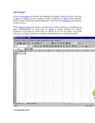 ¿Que EsExcel?
Excel es un programa que permite la manipulación de libros y hojas de calculo. En Excel,
un libro es el arch...