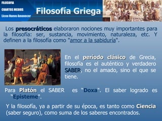 Filosofía Griega Para  Platón  el SABER  es “ Doxa ". El saber logrado es “ Episteme ".  Los  presocráticos  elaboraron nociones muy importantes para la filosofía: ser, sustancia, movimiento, naturaleza, etc. Y definen a la filosofía como " amor a la sabiduría ".  En el  período clásico  de Grecia, filosofía es el auténtico y verdadero  SABER , no el amado, sino el que se tiene.   Liceo Nuevo Amanecer FILOSOFIA CUARTOS MEDIOS Y la filosofía, ya a partir de su época, es tanto como  Ciencia  (saber seguro), como suma de los saberes encontrados. 
