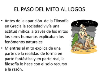 EL PASO DEL MITO AL LOGOS 
• Antes de la aparición de la Filosofía 
en Grecia la sociedad vivía una 
actitud mítica: a través de los mitos 
los seres humanos explicaban los 
fenómenos naturales 
• Mientras el mito explica de una 
parte de la realidad de forma en 
parte fantástica y en parte real, la 
filosofía lo hace con el solo recurso 
a la razón. 
 