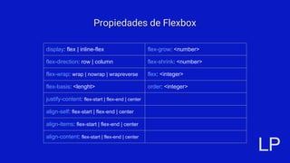 Propiedades de Flexbox
display: flex | inline-flex flex-grow: <number>
flex-direction: row | column flex-shrink: <number>
...