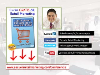 www.escuelaretailmarketing.com/conferencia
linkedin.com/in/bryancampos
Escuela Retail Marketing
twitter.com/BryanCamposv
youtube.com/bryancamposvasquez
 