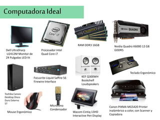 Computadora Ideal 
RAM DDR3 16GB Nvidia Quadro K6000 12 GB 
GDDR5 
Teclado Ergonómico 
Mouse Ergonómico 
Procesador Intel 
Quad Core i7 
Micrófono 
Condensador 
Dell UltraSharp 
U2412M Monitor de 
24 Pulgadas LED-lit 
Toshiba Canvio 
Desktop Disco 
Duro Externo 
5T 
Focusrite Liquid Saffire 56 
Firewire Interface 
KEF Q300WH 
Bookshelf 
Loudspeakers 
Wacom Cintiq 13HD 
Interactive Pen Display 
Canon PIXMA MG5420 Printer 
inalámbrico a color, con Scanner y 
Copiadora 
