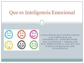 Que es Inteligencia Emocional 
CAPACIDAD QUE TIENE TODAS 
LAS PERSONAS DE 
CONTROLAR, COMPRENDER, 
SELECCIONAR Y TRABAJAR 
SUS EMOCIONES Y LAS DE LAS 
DEMÁS PERSONAS CON 
EFICIENCIA 
 