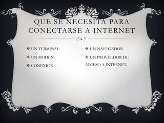 QUE SE NECESITA PARA
CONECTARSE A INTERNET

 UN TERMINAL:    UN NAVEGADOR

 UN MODEN        UN PROVEEDOR DE

 CONEXION       ACCESO A INTERNET.
 