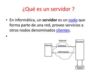 ¿Qué es un servidor ?
• En informática, un servidor es un nodo que
forma parte de una red, provee servicios a
otros nodos denominados clientes.
•

 