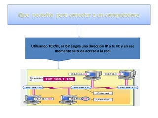 Utilizando TCP/IP, el ISP asigna una dirección IP a tu PC y en ese
momento se te da acceso a la red.

 