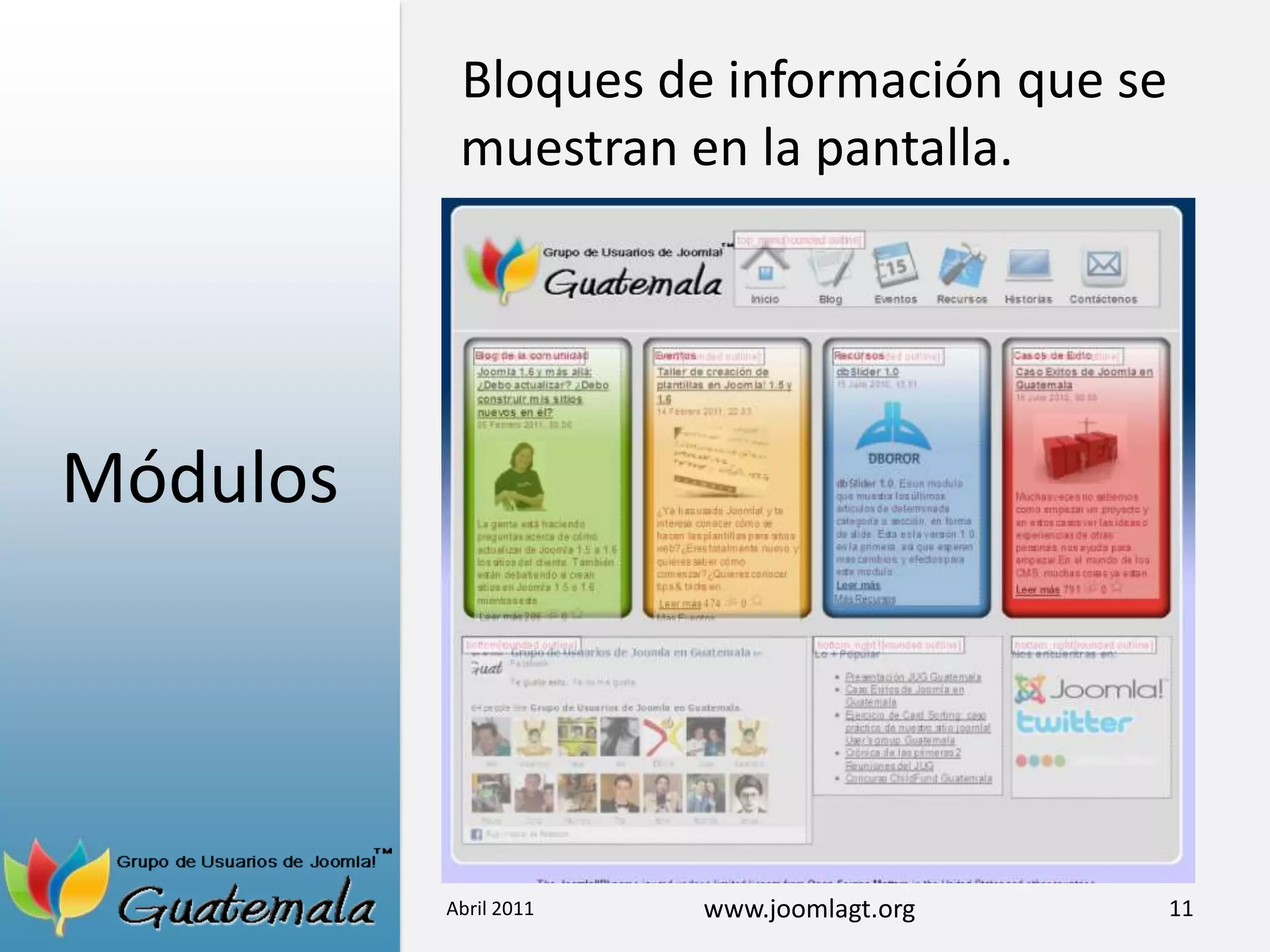 MódulosBloques de información que se muestran en la pantalla.Abril 201111