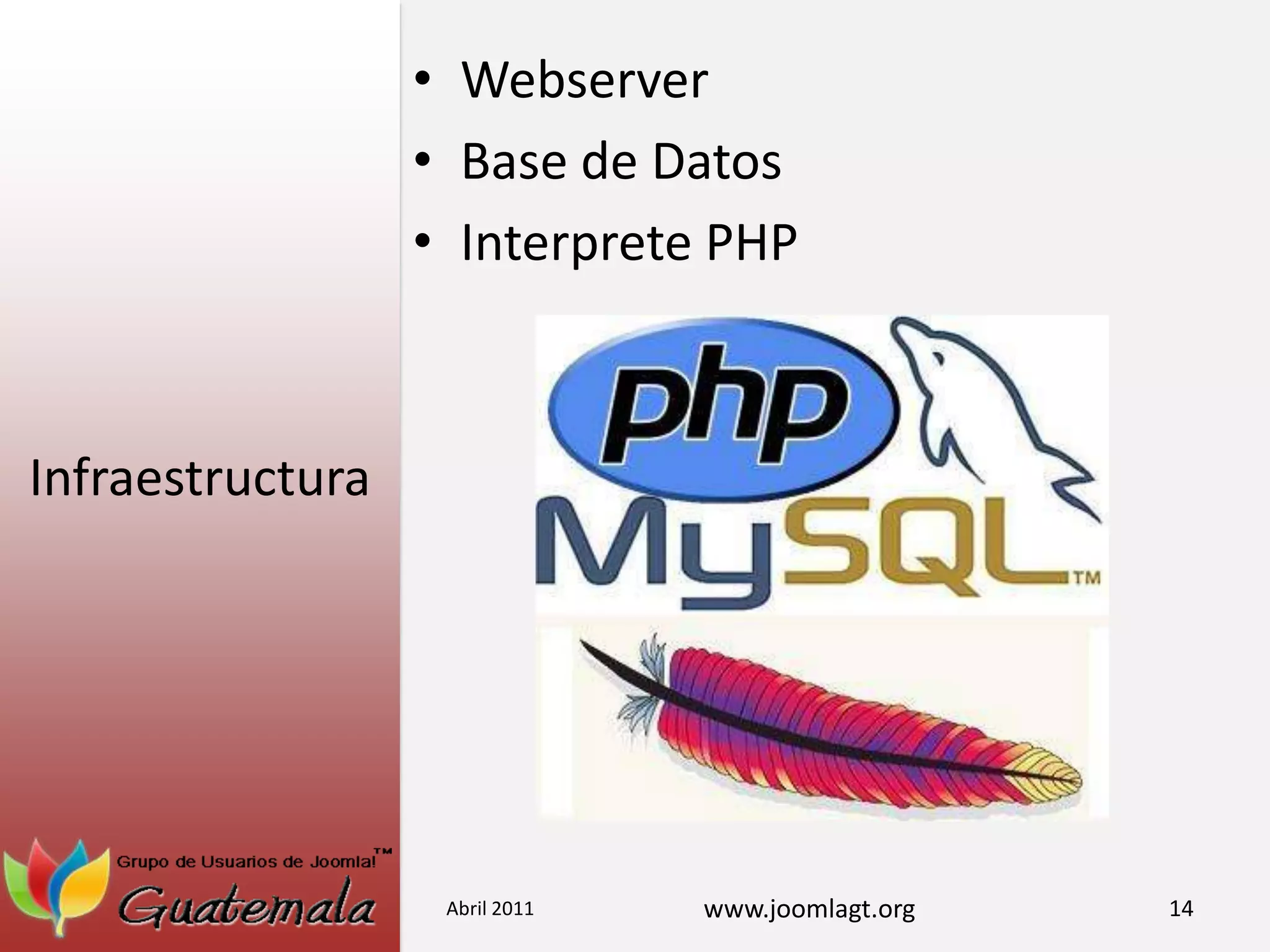 InfraestructuraWebserverBase de DatosInterprete PHPAbril 201114