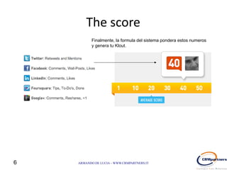 The score
           Finalmente, la formula del sistema pondera estos numeros
           y genera tu Klout.




6   ARMANDO DE LUCIA – WWW.CRMPARTNERS.IT
 