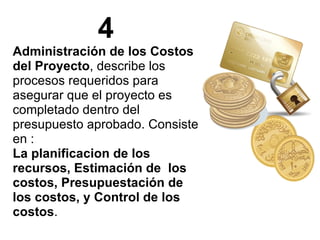 4 Administración de los Costos del Proyecto , describe los procesos requeridos para asegurar que el proyecto es completado dentro del presupuesto aprobado. Consiste en : La planificacion de los recursos, Estimación de  los costos, Presupuestación de  los costos, y Control de los costos . 