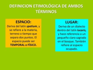 DEFINICION ETIMOLÓGICA DE AMBOS
             TÉRMINOS

       ESPACIO:                     LUGAR:
Deriva del latín spatium, y    Deriva de un dialecto
 se refiere a la materia,     dentro del latín lucaris,
  terreno o tiempo que        y hace referencia a un
  separa dos puntos. El       pequeño claro sagrado
    espacio puede ser         en el bosque. También
  TEMPORAL o FÍSICO.             refiere al espacio
                                     ocupado.
 