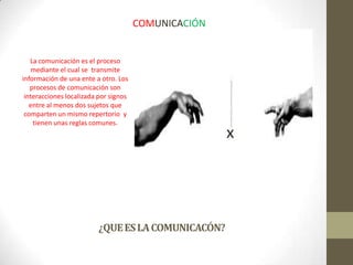 COMUNICACIÓN


   La comunicación es el proceso
   mediante el cual se transmite
información de una ente a otro. Los
   procesos de comunicación son
 interacciones localizada por signos
   entre al menos dos sujetos que
 comparten un mismo repertorio y
    tienen unas reglas comunes.
                                                      x




                         ¿QUE ES LA COMUNICACÓN?
 