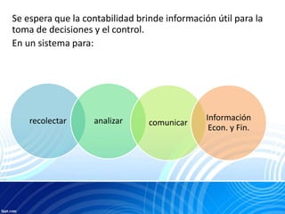 Se espera que la contabilidad brinde información útil para la
toma de decisiones y el control.
En un sistema para:
recolectar analizar comunicar
Información
Econ. y Fin.
 