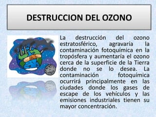 • La destrucción del ozono
estratosférico, agravaría la
contaminación fotoquímica en la
tropósfera y aumentaría el ozono
cerca de la superficie de la Tierra
donde no se lo desea. La
contaminación fotoquímica
ocurrirá principalmente en las
ciudades donde los gases de
escape de los vehículos y las
emisiones industriales tienen su
mayor concentración.
DESTRUCCION DEL OZONO
 
