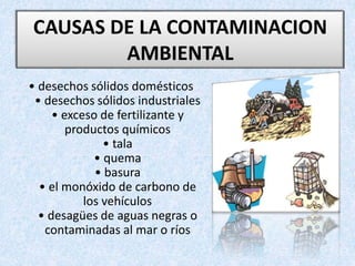 • desechos sólidos domésticos
• desechos sólidos industriales
• exceso de fertilizante y
productos químicos
• tala
• quema
• basura
• el monóxido de carbono de
los vehículos
• desagües de aguas negras o
contaminadas al mar o ríos
CAUSAS DE LA CONTAMINACION
AMBIENTAL
 