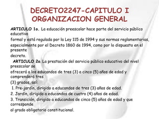 DECRETO2247-CAPITULO I
          ORGANIZACION GENERAL
ARTICULO 1o. La educación preescolar hace parte del servicio público
educativo
formal y está regulada por la Ley 115 de 1994 y sus normas reglamentarias,
especialmente por el Decreto 1860 de 1994, como por lo dispuesto en el
presente
decreto.
  ARTICULO 2o. La prestación del servicio público educativo del nivel
preescolar se
ofrecerá a los educandos de tres (3) a cinco (5) años de edad y
comprenderá tres
(3) grados, así:
 1. Pre-jardín, dirigido a educandos de tres (3) años de edad.
2. Jardín, dirigido a educandos de cuatro (4) años de edad.
3. Transición, dirigido a educandos de cinco (5) años de edad y que
corresponde
al grado obligatorio constitucional.
 
