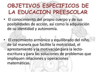 OBJETIVOS ESPECIFICOS DE
  LA EDUCACION PREESCOLAR
• El conocimiento del propio cuerpo y de sus
  posibilidades de acción, así como la adquisición
  de su identidad y autonomía.

• El crecimiento armónico y equilibrado del niño,
  de tal manera que facilite la motricidad, el
  aprestamiento y la motivación para la lecto-
  escritura y para las soluciones de problemas que
  impliquen relaciones y operaciones
  matemáticas.
 
