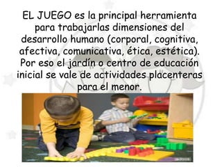 EL JUEGO es la principal herramienta
     para trabajarlas dimensiones del
 desarrollo humano (corporal, cognitiva,
 afectiva, comunicativa, ética, estética).
 Por eso el jardín o centro de educación
inicial se vale de actividades placenteras
               para el menor.
 