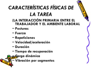 CARACTERÍSTICAS FÍSICAS DE LA TAREA (LA INTERACCIÓN PRIMARIA ENTRE EL TRABAJADOR Y EL AMBIENTE LABORAL Posturas  Fuerza  Repeticiones  Velocidad/aceleración  Duración  Tiempo de recuperación  Carga dinámica  Vibración por segmentos 