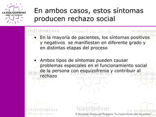 En ambos casos, estos síntomas producen rechazo socialEn la mayoría de pacientes, los síntomas positivos y negativos  se manifiestan en diferente grado y en distintas etapas del procesoAmbos tipos de síntomas pueden causar problemas especiales en el funcionamiento social de la persona con esquizofrenia y contribuir al rechazo