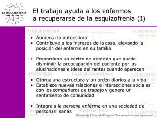 El trabajo ayuda a los enfermos                                 a recuperarse de la esquizofrenia (I)Aumenta la autoestimaContribuye a los ingresos de la casa, elevando la posición del enfermo en su familiaProporciona un centro de atención que puede disminuir la preocupación del paciente por las alucinaciones e ideas delirantes cuando aparecenOtorga una estructura y un orden diarios a la vida Establece nuevas relaciones e interacciones sociales con los compañeros de trabajo y genera un sentimiento de comunidadIntegra a la persona enferma en una sociedad de personas  sanas