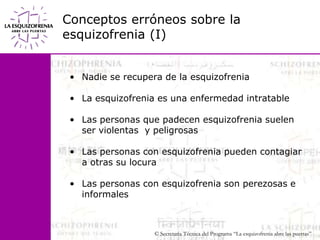 Conceptos erróneos sobre la esquizofrenia (I)Nadie se recupera de la esquizofreniaLa esquizofrenia es una enfermedad intratableLas personas que padecen esquizofrenia suelen ser violentas  y peligrosasLas personas con esquizofrenia pueden contagiar a otras su locuraLas personas con esquizofrenia son perezosas e informales