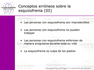 Conceptos erróneos sobre la esquizofrenia (III)Las personas con esquizofrenia son impredeciblesLas personas con esquizofrenia no pueden trabajarLas personas con esquizofrenia enferman de manera progresiva durante toda su vidaLa esquizofrenia es culpa de los padres