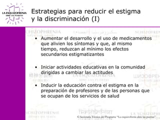 Estrategias para reducir el estigma y la discriminación (I)Aumentar el desarrollo y el uso de medicamentos que alivien los síntomas y que, al mismo tiempo, reduzcan al mínimo los efectos secundarios estigmatizantesIniciar actividades educativas en la comunidad dirigidas a cambiar las actitudes Inducir la educación contra el estigma en la preparación de profesores y de las personas que se ocupan de los servicios de salud