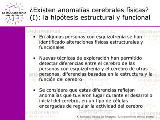¿Existen anomalías cerebrales físicas? (I): la hipótesis estructural y funcionalEn algunas personas con esquizofrenia se han identificado alteraciones físicas estructurales y funcionalesNuevas técnicas de exploración han permitido detectar diferencias entre el cerebro de las   personas con esquizofrenia y el cerebro de otras personas, diferencias basadas en la estructura y la función del cerebroSe considera que estas diferencias reflejan anomalías que tuvieron lugar durante el desarrollo inicial del cerebro, en un tipo de células encargadas de regular la actividad del cerebro