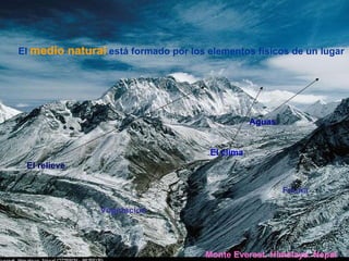El clima Monte Everest. Himalaya. Nepal El medio natural está formado por los elementos físicos de un lugar El relieve Aguas Vegetación El clima Fauna