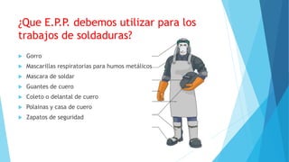 ¿Que E.P.P. debemos utilizar para los
trabajos de soldaduras?
 Gorro
 Mascarillas respiratorias para humos metálicos
 Mascara de soldar
 Guantes de cuero
 Coleto o delantal de cuero
 Polainas y casa de cuero
 Zapatos de seguridad
 